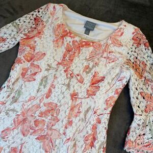 Rabbit Rabbit Designs Floral Lace Dress Womens 10 Orange White Bell Sleeve
